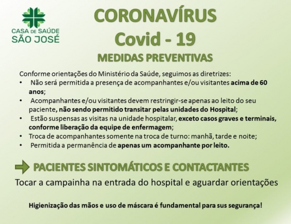 Casa de Saúde São José Divulga Medidas Preventivas Devido Aumento de Casos de COVID-19 no Município de Pinhal Grande Casa de Saúde São José Divulga Medidas Preventivas Devido Aumento de Casos de COVID-19 no Município de Pinhal Grande