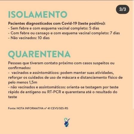 Vigilância Epidemiológica de Pinhal Grande Divulga Novas Orientações de Isolamento e Quarentena Para Covid-19 no Município Vigilância Epidemiológica de Pinhal Grande Divulga Novas Orientações de Isolamento e Quarentena Para Covid-19 no Município