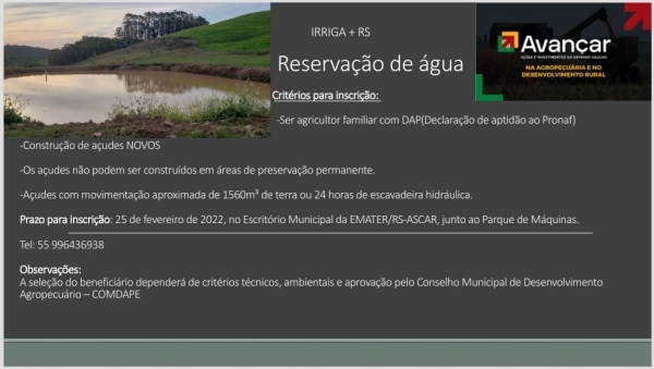 Novos Açudes: Aberta as Inscrições de Produtores de Pinhal Grande Para o Irriga +RS Novos Açudes: Aberta as Inscrições de Produtores de Pinhal Grande Para o Irriga +RS