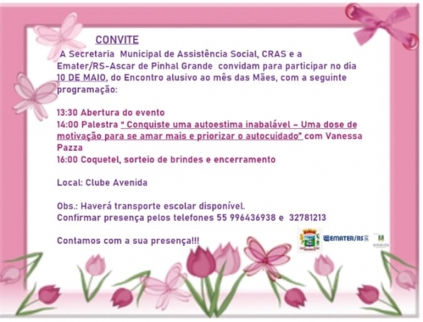 Secretaria Municipal de Assistência Social e EMATER Promovem Encontro Alusivo ao Mês das Mães Secretaria Municipal de Assistência Social e EMATER Promovem Encontro Alusivo ao Mês das Mães