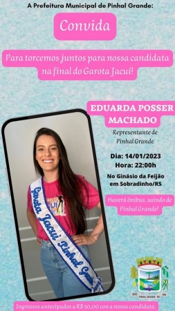 CONCURSO: PINHAL GRANDE TERÁ SUA REPRESENTANTE NA ESCOLHA DA GAROTA JACUÍ 2023 NO PRÓXIMO SÁBADO DIA 14 DE JANEIRO CONCURSO: PINHAL GRANDE TERÁ SUA REPRESENTANTE NA ESCOLHA DA GAROTA JACUÍ 2023 NO PRÓXIMO SÁBADO DIA 14 DE JANEIRO