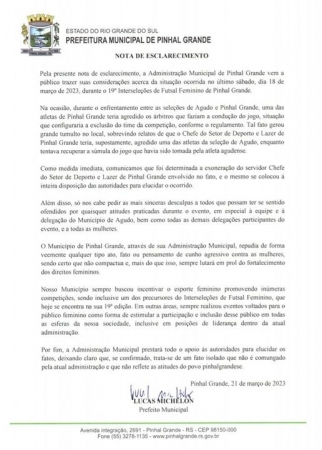 EM DECORRÊNCIA DOS FATOS REGISTRADOS NO ÚLTIMO SÁBADO A ADMINISTRAÇÃO MUNICIPAL DE PINHAL GRANDE VEM A PÚBLICO EXPEDIR A SEGUINTE NOTA DE ESCLARECIMENTO EM DECORRÊNCIA DOS FATOS REGISTRADOS NO ÚLTIMO SÁBADO A ADMINISTRAÇÃO MUNICIPAL DE PINHAL GRANDE VEM A PÚBLICO EXPEDIR A SEGUINTE NOTA DE ESCLARECIMENTO