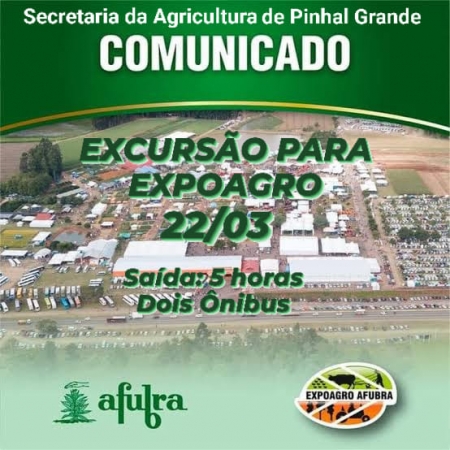 SECRETARIA MUNICIPAL DA AGRICULTURA REALIZA EXCURSÃO PARA A EXPOAGRO - AFUBRA 2023 SECRETARIA MUNICIPAL DA AGRICULTURA REALIZA EXCURSÃO PARA A EXPOAGRO - AFUBRA 2023