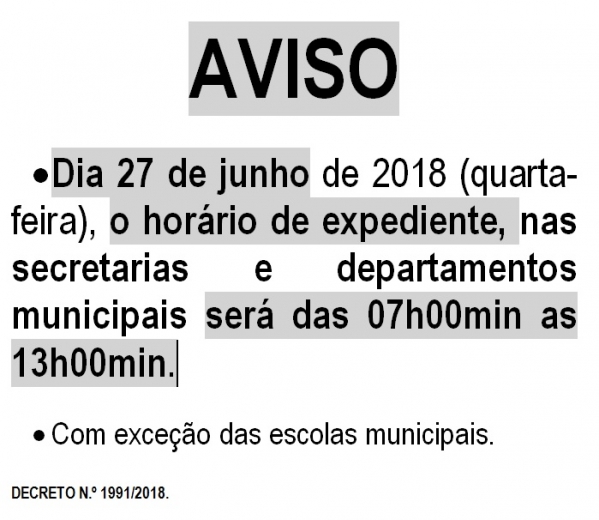 DEC1995-2018 ESTABELECE HORÁRIO DE EXPEDIENTE DURANTE JOGO DA COPA DO MUNDO 